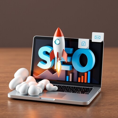 3D SEO Optimization Rocket Icon for Web Analytics and Social Media Strategy